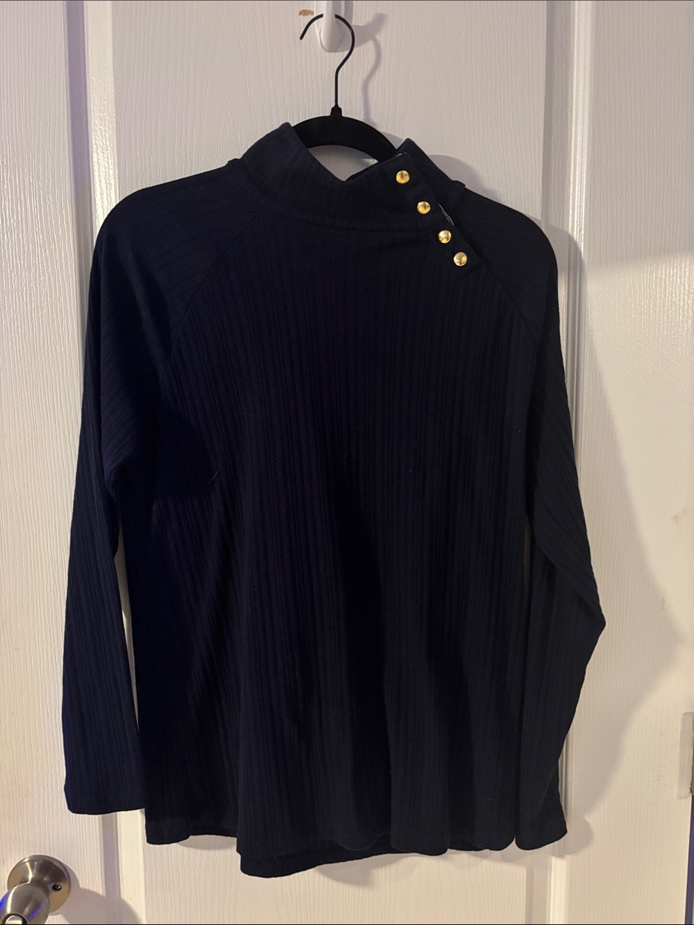 Navy Ribbed Long Sleeve Top with Gold Snap Accents
